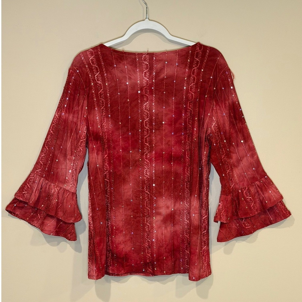 Coral Bay Womens Blouse Red Medium Sequin Ruffle Sleeve Tie Dye Top - Picture 6 of 8